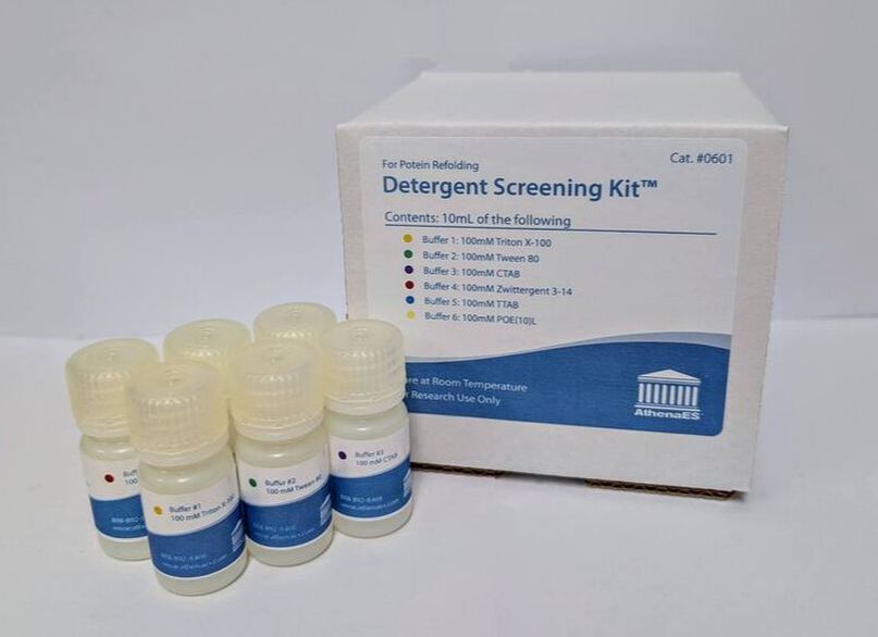 Detergent screening kit with six buffer bottles.