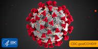 Coronavirus illustration with CDC logo and website.