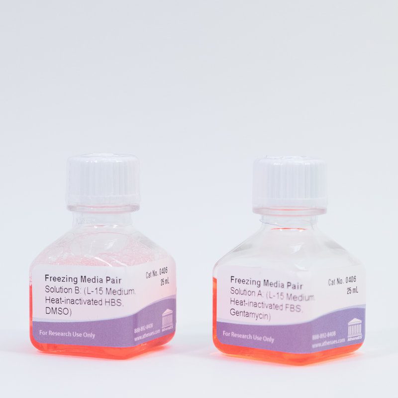 Two bottles of laboratory freezing media.