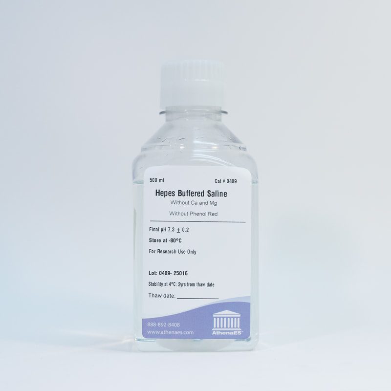 Bottle of Hepes Buffered Saline solution.