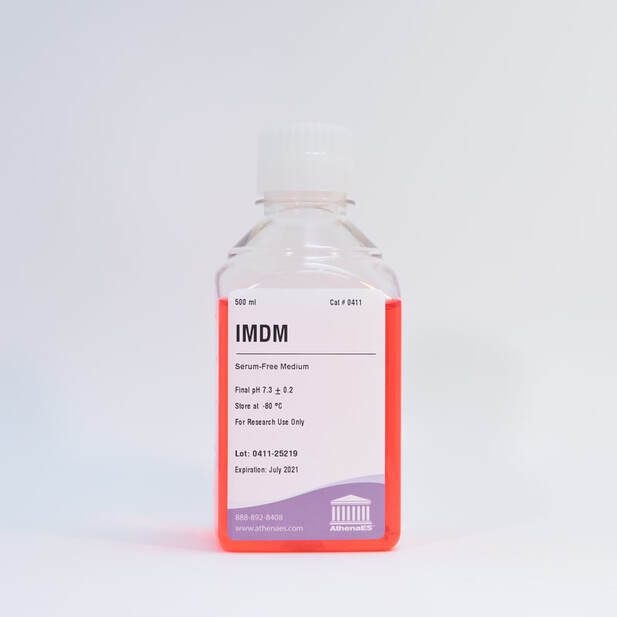 Red serum-free medium in clear bottle.