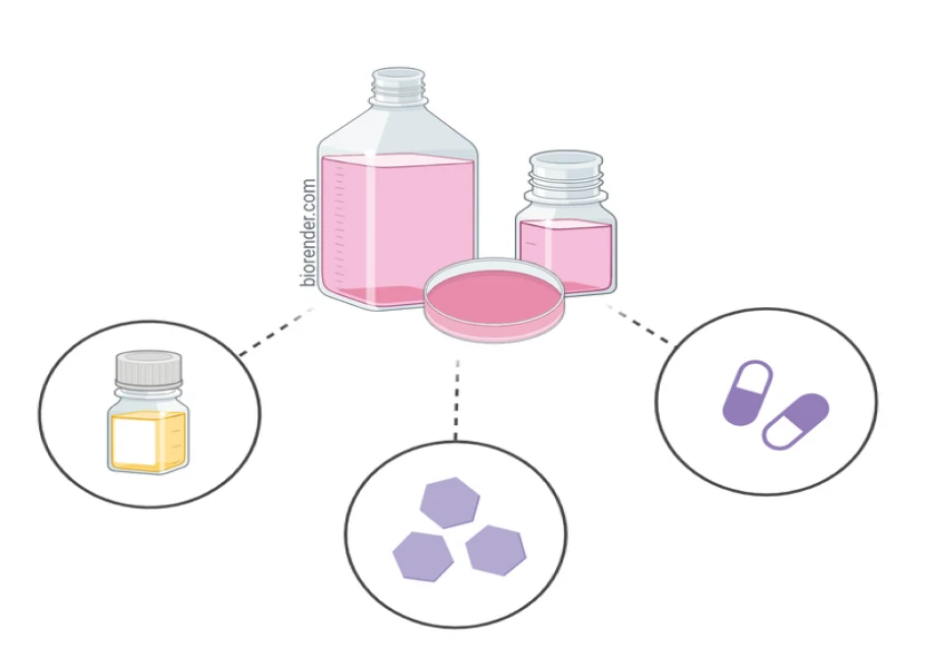 Laboratory bottles and pills illustration.
