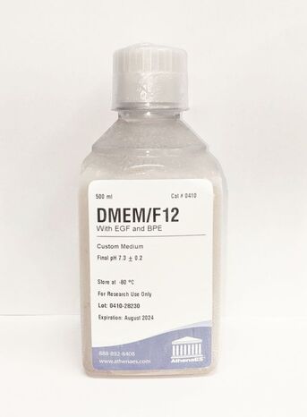 DMEM/F12 cell culture medium bottle.