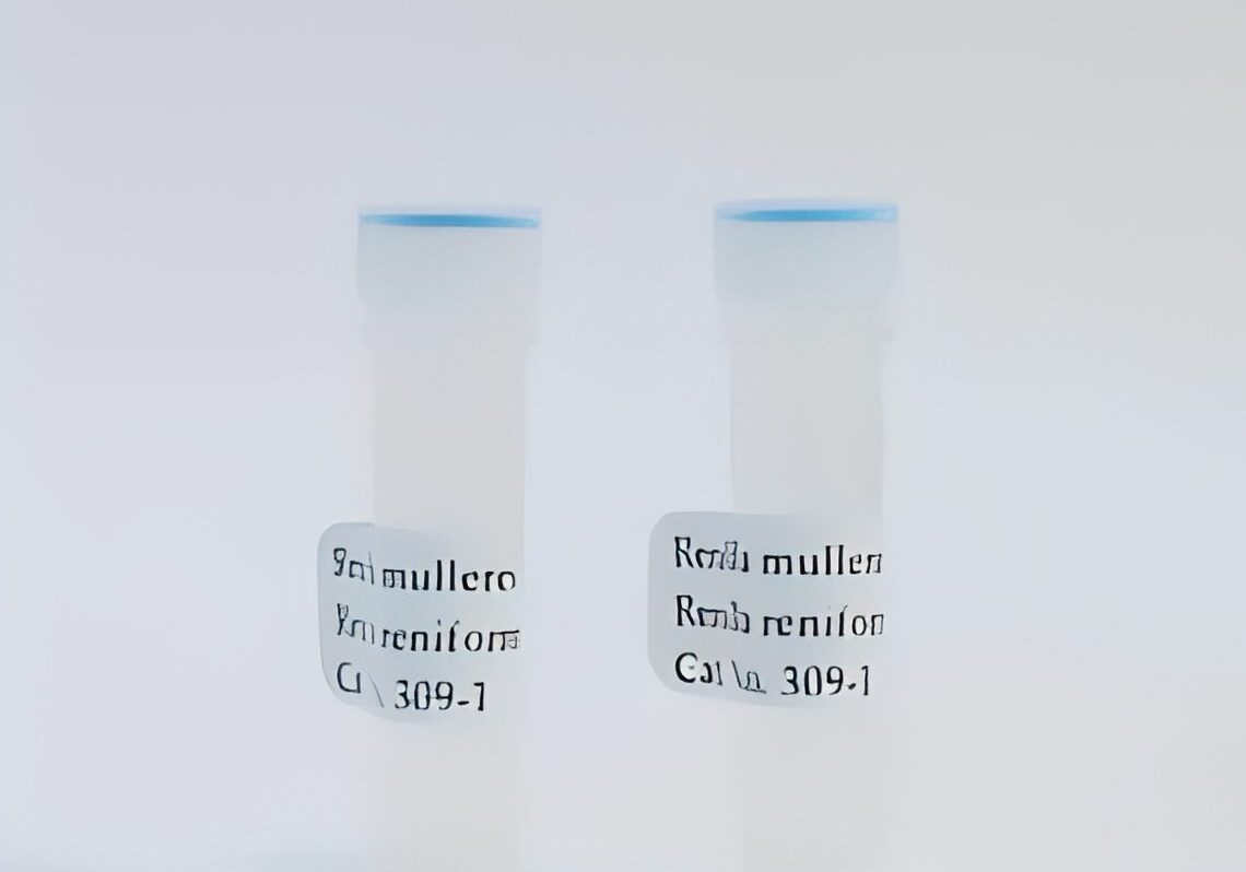 Two labeled laboratory vials with blue caps.