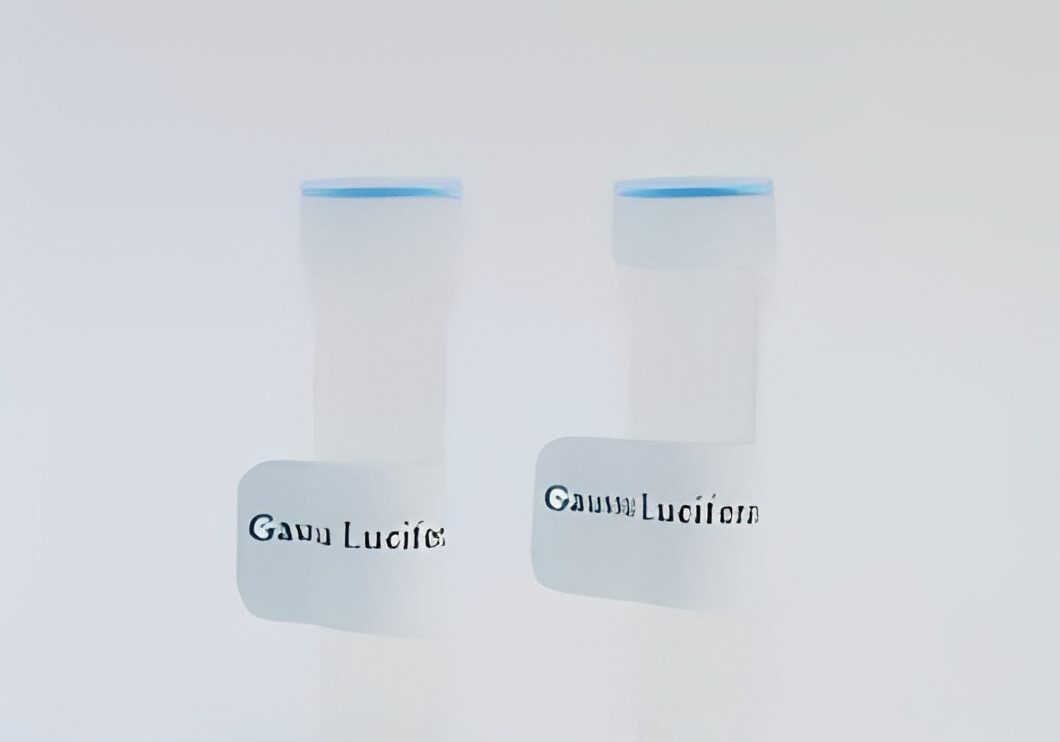 Two white bottles with blue caps.